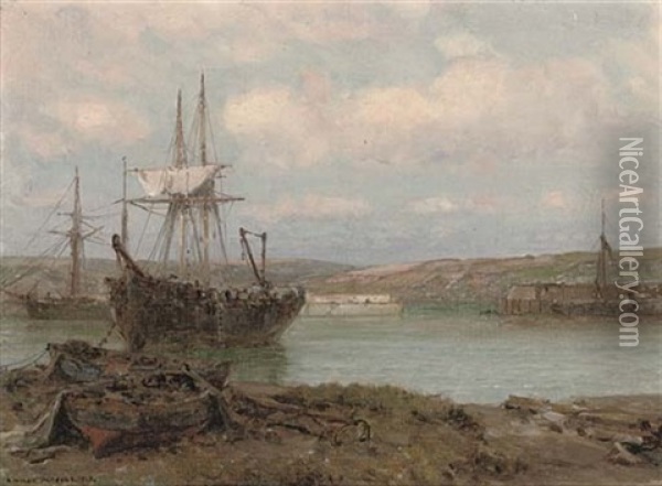 Refitting At Cormack Harbour (+ A Quiet Day On The Estuary; Pair) Oil Painting - Arthur Wilde Parsons
