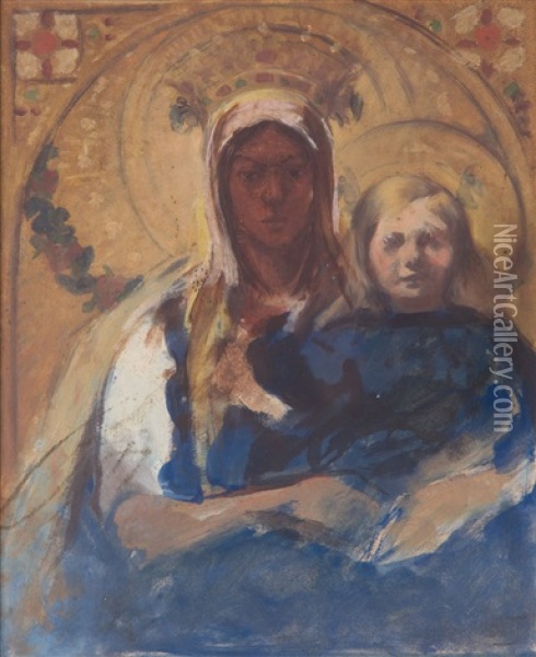 Madonna With Child Oil Painting - Wlodzimierz Tetmajer