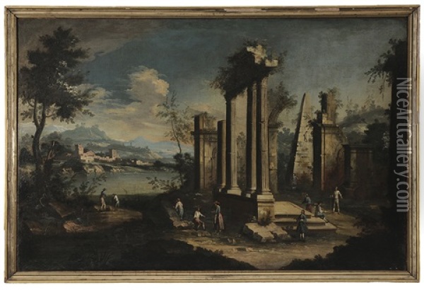 Capriccio View Of Ruins, With Distant Town Oil Painting - Michele Marieschi