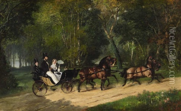 A Promenade In A Four-in-hand Oil Painting - Louis Robert Heyrault