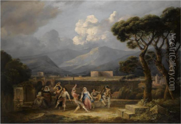 The Saltarello, With A View Of The Colosseum, Rome Oil Painting - Thomas Barker of Bath