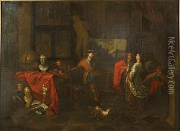 Personages In Een Interieur. Oil Painting - Balthazar Van Den Bossche