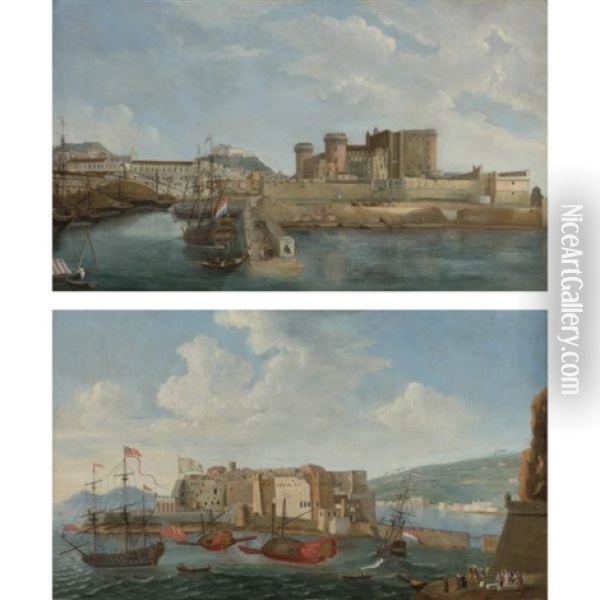 A View Of Castel Dell'ovo From The Bay Of Trentaremi, Naples (+ A View Of The Darsena, Naples; Pair) Oil Painting - Gabriele Ricciardelli
