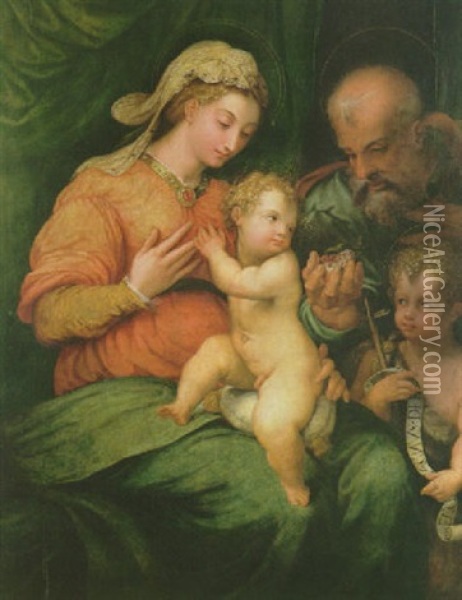 Die Heilige Familie Mit Dem Johannesknaben Rechts Vorn Oil Painting - Girolamo (il Sermoneta) Sicciolante