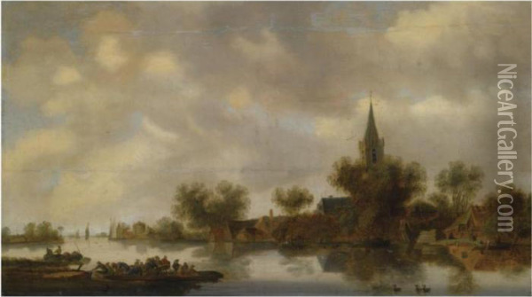 An Extensive River Landscape 
With Figures In A Ferry Boat, Othershipping On The River, A View Of A 
Church And Houses On Shore Oil Painting - Jan van Goyen