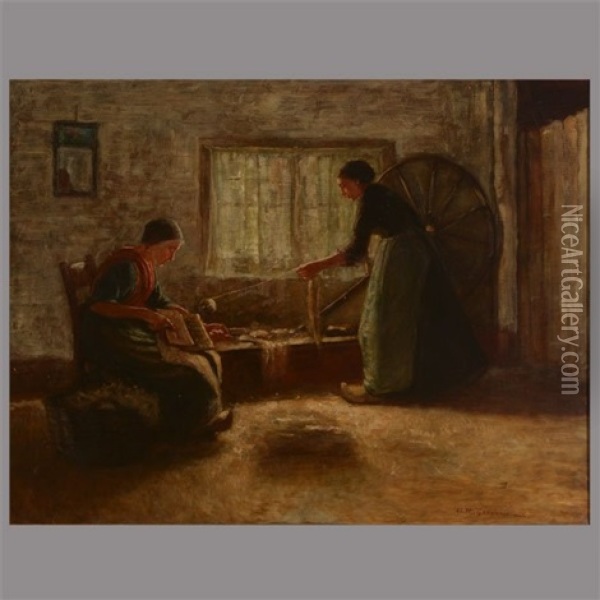 Two Women Spinning Oil Painting - Ammi Merchant Farnham