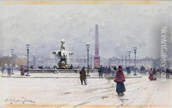 La Place De La Concorde Sous La Neige A Paris Oil Painting - Eugene Galien-Laloue