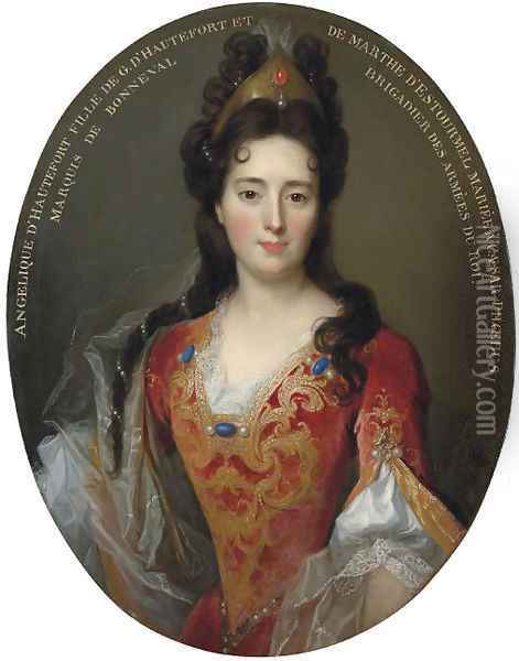 Portrait of Angelique d'Hautefort, half-length, in a red and gold embroidered bodice and skirt Oil Painting - Nicolas de Largilliere