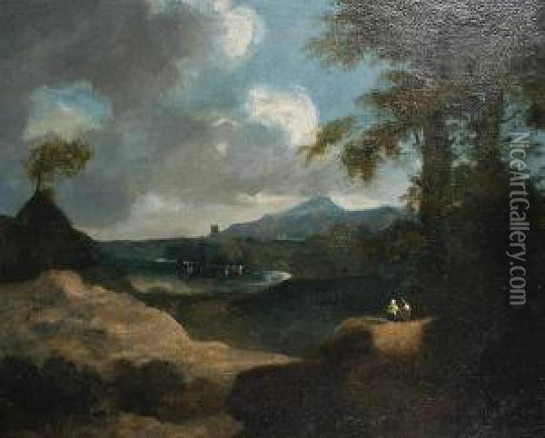 Figures In A River Landscape Oil Painting - Benjamin Barker Of Bath