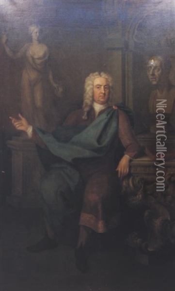 Fulllength, Seated, Wearing Blue Robes, A Statue Of  Minerva And A Bust Of Cicero By His Side Oil Painting - Charles Jervas