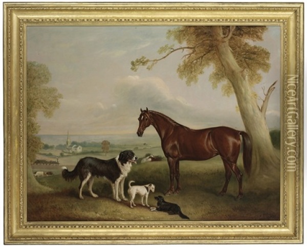 A Hunter And Three Dogs, The Property Of William Brewitt, Esq., With A Steam Train And The Church Of Kirby Bellars, Near Melton Mowbray, Leicestershire, Beyond Oil Painting - John E. Ferneley