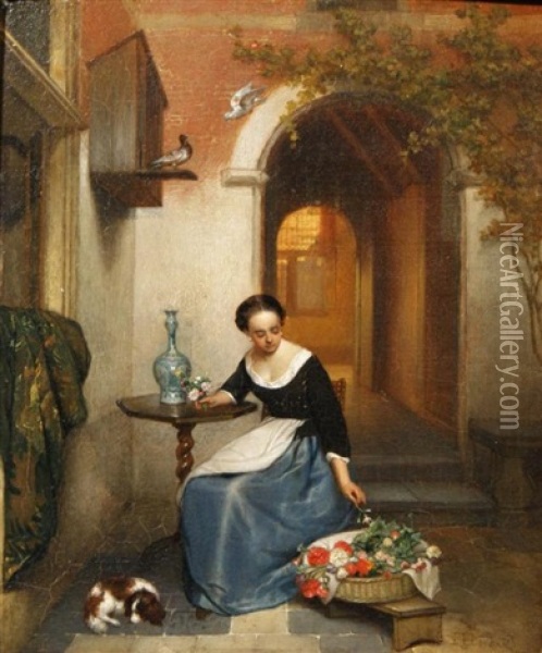 Lady Arranging Flowers Oil Painting - Hubertus van Hove