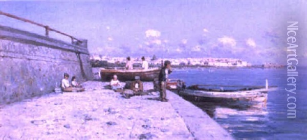 Neapolitan Boys On The Quay With Castel Del'ovo Behind Oil Painting - Giuseppe Laezza