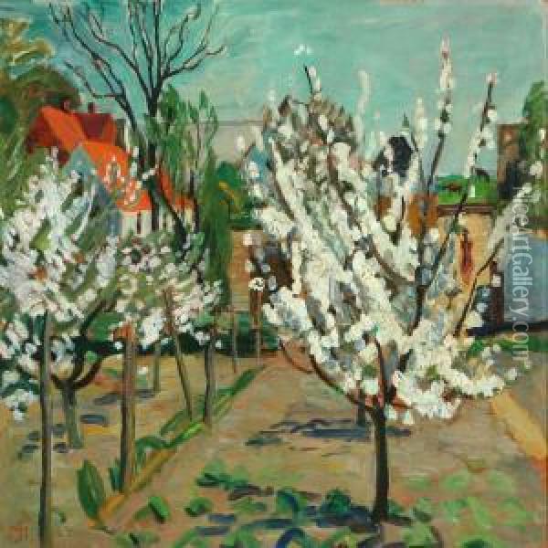 Garden With Fruit Trees In Blossom Oil Painting - Anna Marie Sandholt