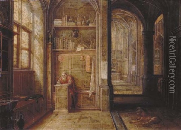 Saint Jerome In A Church Interior Oil Painting - Morten Van Steenwinkel