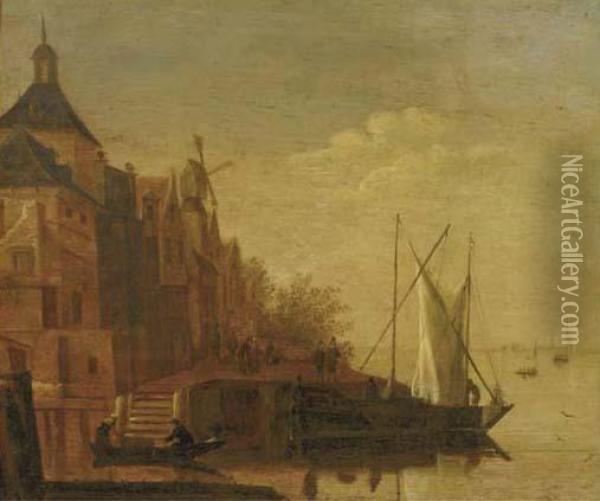 A River Landscape With Boats Moored At A Townside Oil Painting - Jacob Adriaensz. Bellevois
