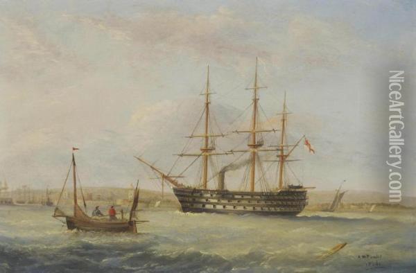 H.m.s. 
Duke Of Wellington 
 Off The Entrance To Portsmouth Harbour Oil Painting - Arthur Wellington Fowles