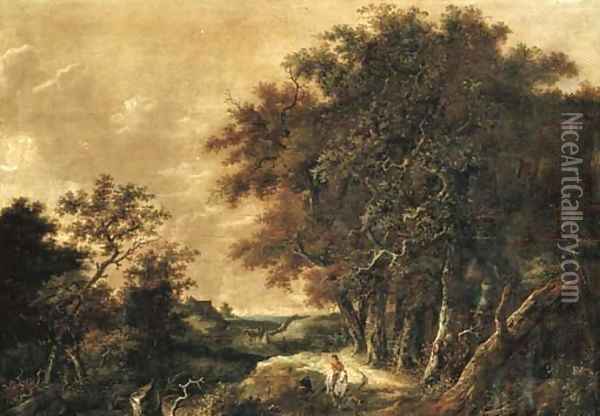 A wooded landscape with a peasant greeting a rider Oil Painting - Roelof van Vries