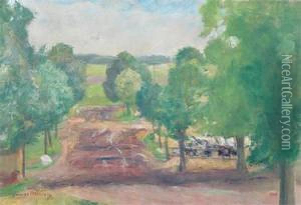 Landscape Road With Cattle Amidst The Trees Oil Painting - Georges Mosson