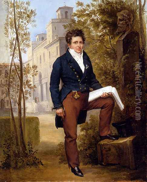 Portrait Of Nicolas-Pierre Tiolier Standing In The Gardens At The Villa Medici Oil Painting - Louis-Vincent-Leon Palliere