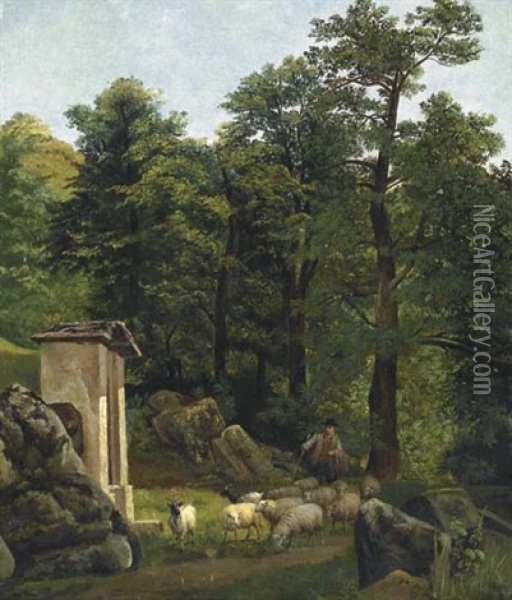 Landschaft Mit Kleiner Kapelle Und Tieren (collab. W/eugene Verboeckhoven) Oil Painting - Alexandre Calame