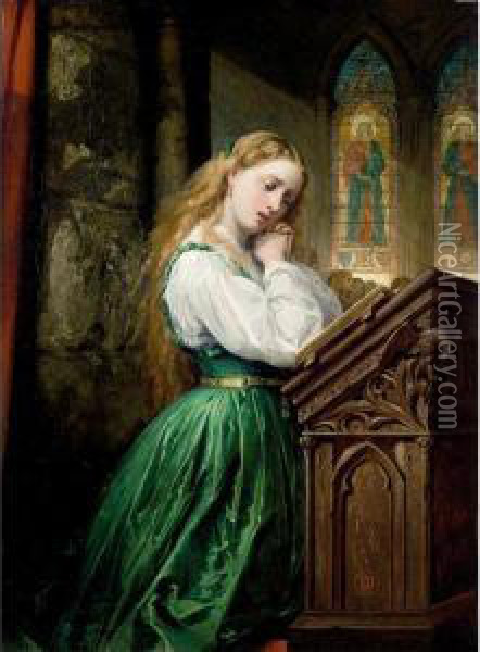 Margaret At The Cathedral, Faust Oil Painting - Thomas Jones Barker