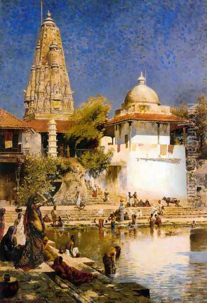 The Temple and Tank of Walkeschwar at Bombay Oil Painting - Edwin Lord Weeks