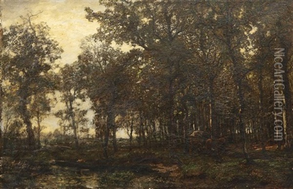 Sommerliche Waldlandschaft In Der Morgendammerung, Am Ufer Eines Bachlaufs Beladenes Pferdefuhrwerk Oil Painting - Carl Rodeck