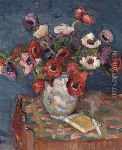 Poppies In A Vase Oil Painting - Georgi Alexandrovich Lapchine