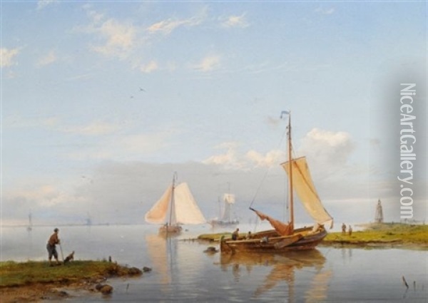 A River Landscape With Sailing Vessels Oil Painting - Hermanus Koekkoek the Elder