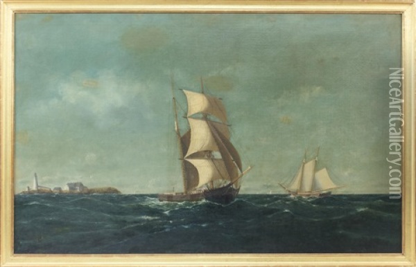 A Brigantine And American Schooner Under Full Sail Off Boston Light Oil Painting - William Henry Coffin
