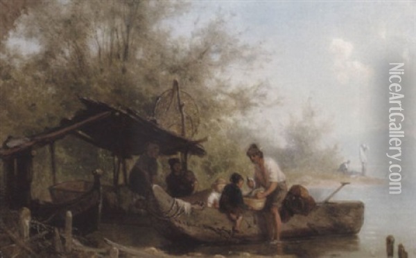 Flodlandskab Med Badende Born Oil Painting - Julius Noerr