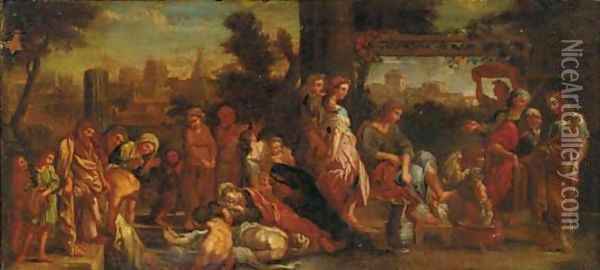 The death of Ananias and Sapphira with the washing of Peter's feet () Oil Painting - Charles Lebrun
