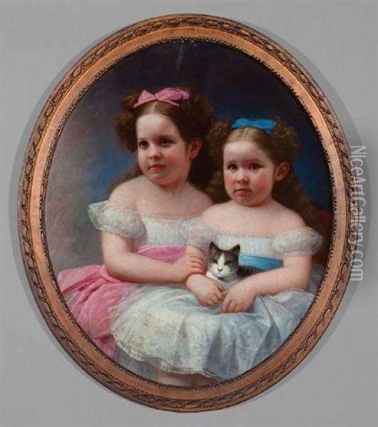 Two Sisters And A Cat Oil Painting - Benjamin Franklin Reinhart