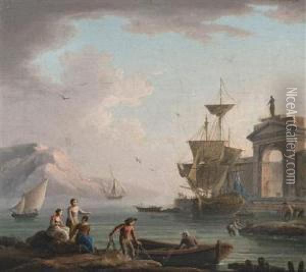 View Of A Seaport With Fishermen Oil Painting - Philippe Rey