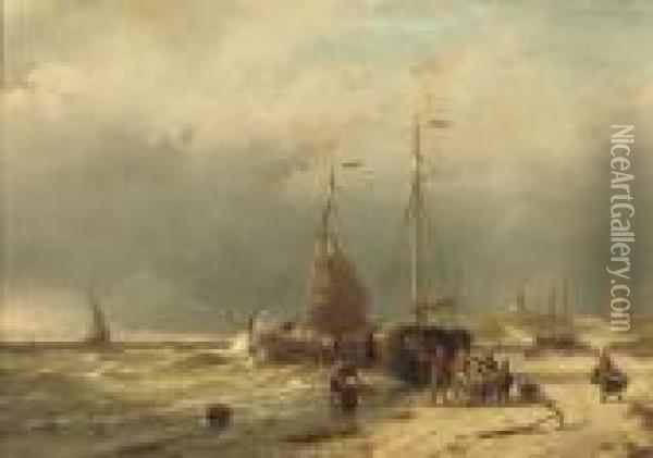 Unloading The Catch On The Beach Of Scheveningen Oil Painting - Andreas Schelfhout