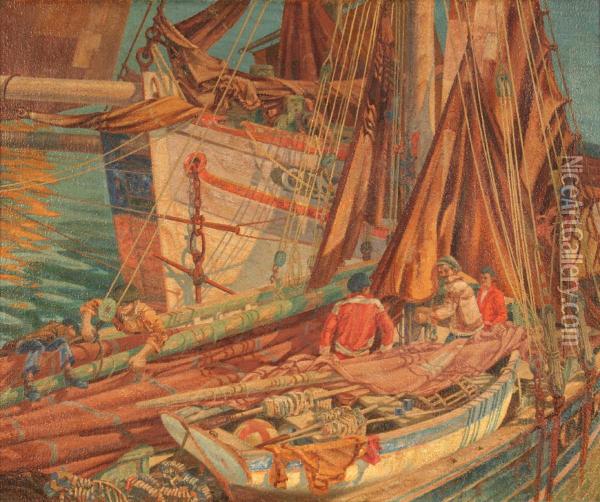 Breton Fishing Boats Drying Sails In Newlyn Harbour Oil Painting - John Mckirdy Duncan