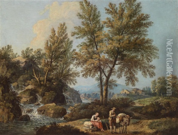 Landschaft Im Veneto Mit Einer Rastenden Hirtenfamilie Oil Painting - Giovanni Battista Cimaroli