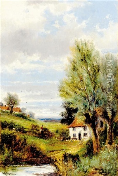 Cottage Along Riverbank Oil Painting - Abraham Hulk the Younger