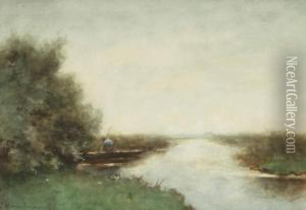 Zomerlandschap; Summer Landscape With A Fisherman Oil Painting - Jan Hendrik Weissenbruch