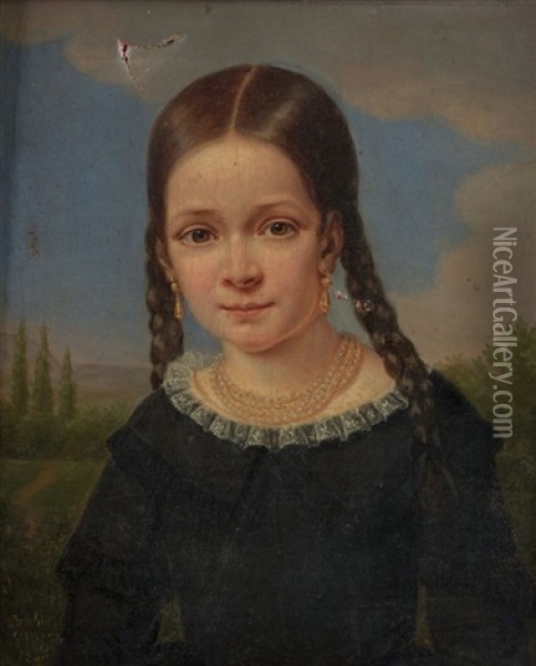 Portrait D'une Petite Fille Sur Fond De Paysages (+ Portrait D'un Jeune Garcon Sur Fond De Paysages; Pair) Oil Painting - Elisabeth Swagers