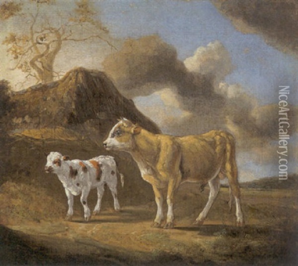 Jungbulle Und Kalb In Der Sonne Oil Painting - Johann Heinrich Menken