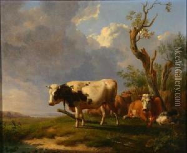 Cows And A Goat Resting In A Landscape Oil Painting - Eugene Verboeckhoven