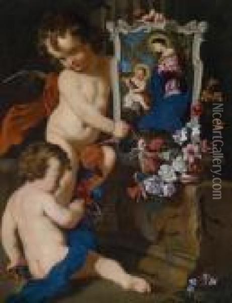 Due Putti Con Quadro Della 
Madonna Con Gesu Bambino E Fiori Accanto A Un Frammento Di Muro Barocco Oil Painting - Carlo Dolci