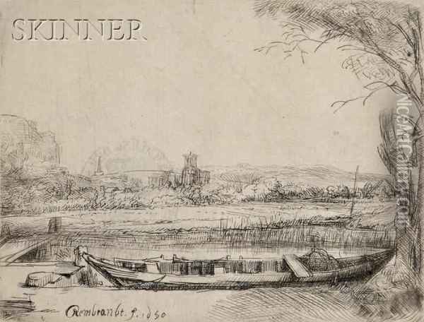 Canal With A Large Boat And Bridge Oil Painting - Rembrandt Van Rijn