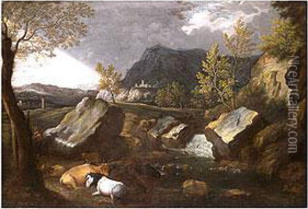 Landschaft Mit Wasserfall, Tieren Und Burgberg In Gewitterstimmung Oil Painting - Jan Frans Van Bloemen (Orizzonte)