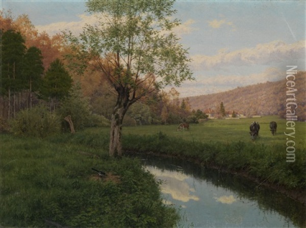 River Landscape With Cattle Oil Painting - Boris Vasilievich Bessonov
