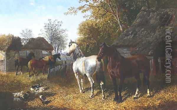 Horses & Ducks In Farmyard Oil Painting - John Frederick Herring Snr