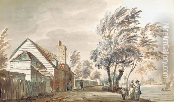 Figures On A Path By Cottages And A River Oil Painting - Paul Sandby