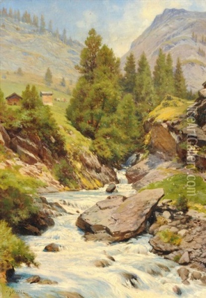 Sommerliche Gebirgslandschaft Mit Wildbach Oil Painting - Johann-Joseph Geisser